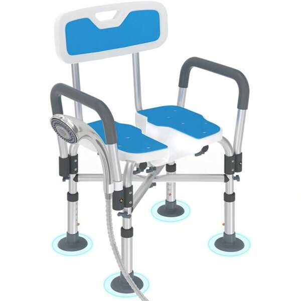 LILIIN Taburete de ducha con recorte higiénico, silla de ducha con respaldo y reposabrazos, con capacidad de carga de hasta 180 kg y con almohadillas antideslizantes, asiento de ducha ajustable en altura, silla de baño para personas mayores, mujeres embarazadas, accesorios de baño de verano