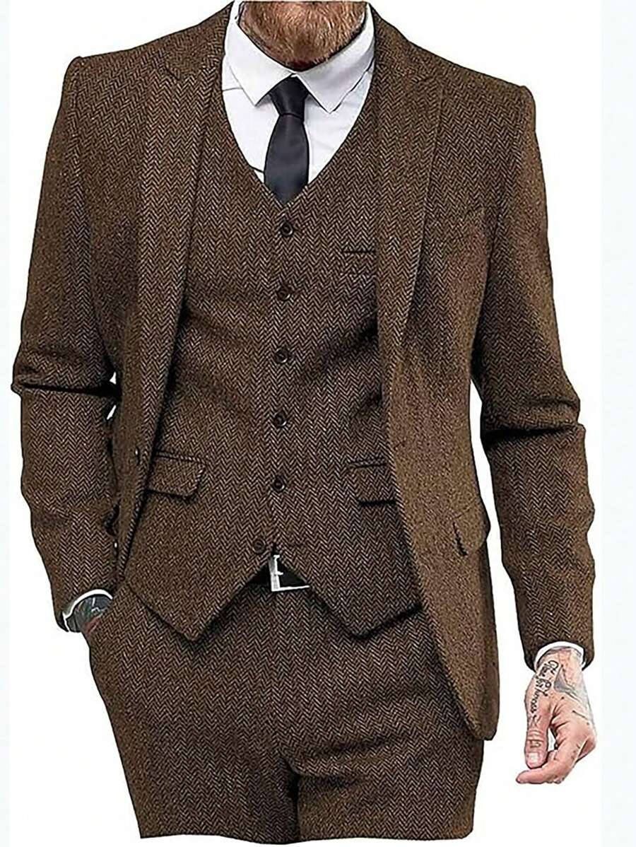 Mens Herringbone Tweed Suit 3 Piece Suit Two Buttons Wool Suits 1920's Themed Wedding Suit Prom Tuxedos Blazer Dress Formal Business Party Jacket Vest Waistcoat For Groom - màu nâu - Xem 1