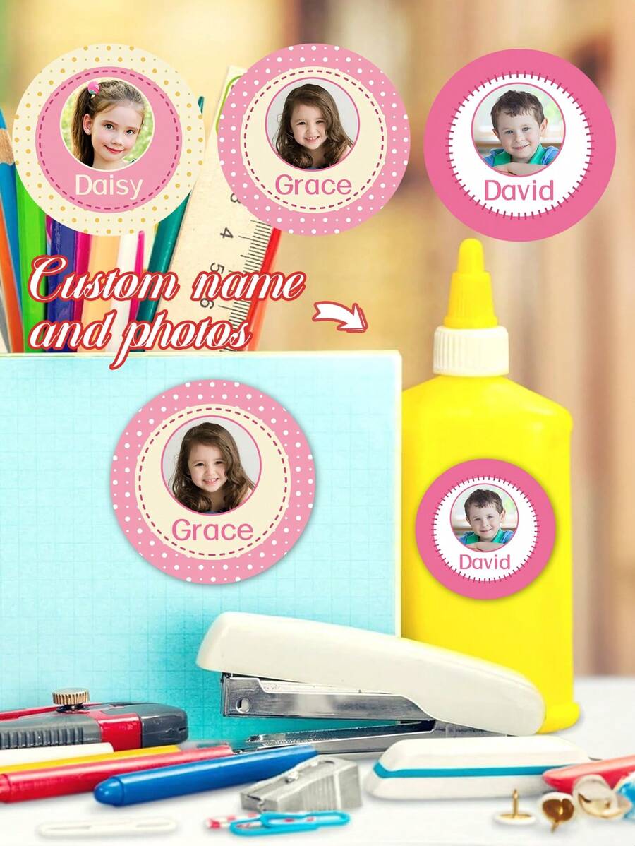 15/35/70pcs Custom Pink Round Waterproof Photo Name Stickers, Personalized Photo Name Labels PVC Stickers, Back To School Children Photo Stickers, Multipurpose Colorful Photo Name Stickers For Clothes, School Supplies, Lunch Boxes, Water Bottles, Notebooks, Waterproof, Adhesive, Cute, Customized, Personalized Back To School Ideal Gift For Son, Daughter, Student, Kids, Anniversary, Family, Children's Day, Birthday, Teachers