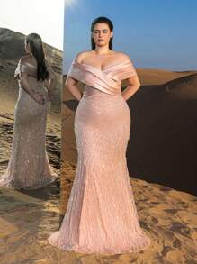 Plus Elegant Off Shoulder Mermaid Hem Beaded Evening Dress, Party Dress, Wedding Guest Dress, Formal Dress,Gown