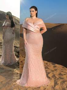 Plus Elegant Off Shoulder Mermaid Hem Beaded Evening Dress, Party Dress, Wedding Guest Dress, Formal Dress,Gown
