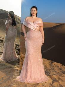 Plus Elegant Off Shoulder Mermaid Hem Beaded Evening Dress, Party Dress, Wedding Guest Dress, Formal Dress,Gown
