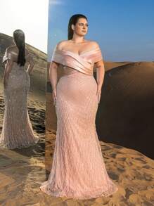 Plus Elegant Off Shoulder Mermaid Hem Beaded Evening Dress, Party Dress, Wedding Guest Dress, Formal Dress,Gown