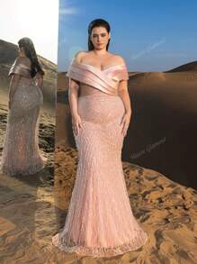 Plus Elegant Off Shoulder Mermaid Hem Beaded Evening Dress, Party Dress, Wedding Guest Dress, Formal Dress,Gown