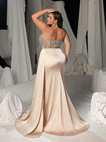 Faeriesty Curve Plus Luxurious Strapless Evening Gown With Rhinestone & Pearl Embellishments – Sweetheart Neckline, Fitted Silhouette & Dramatic Train, Perfect For Grand Galas & Red Carpet Events - Champagne - View 3