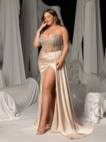 Faeriesty Curve Plus Luxurious Strapless Evening Gown With Rhinestone & Pearl Embellishments – Sweetheart Neckline, Fitted Silhouette & Dramatic Train, Perfect For Grand Galas & Red Carpet Events - Champagne - View 7