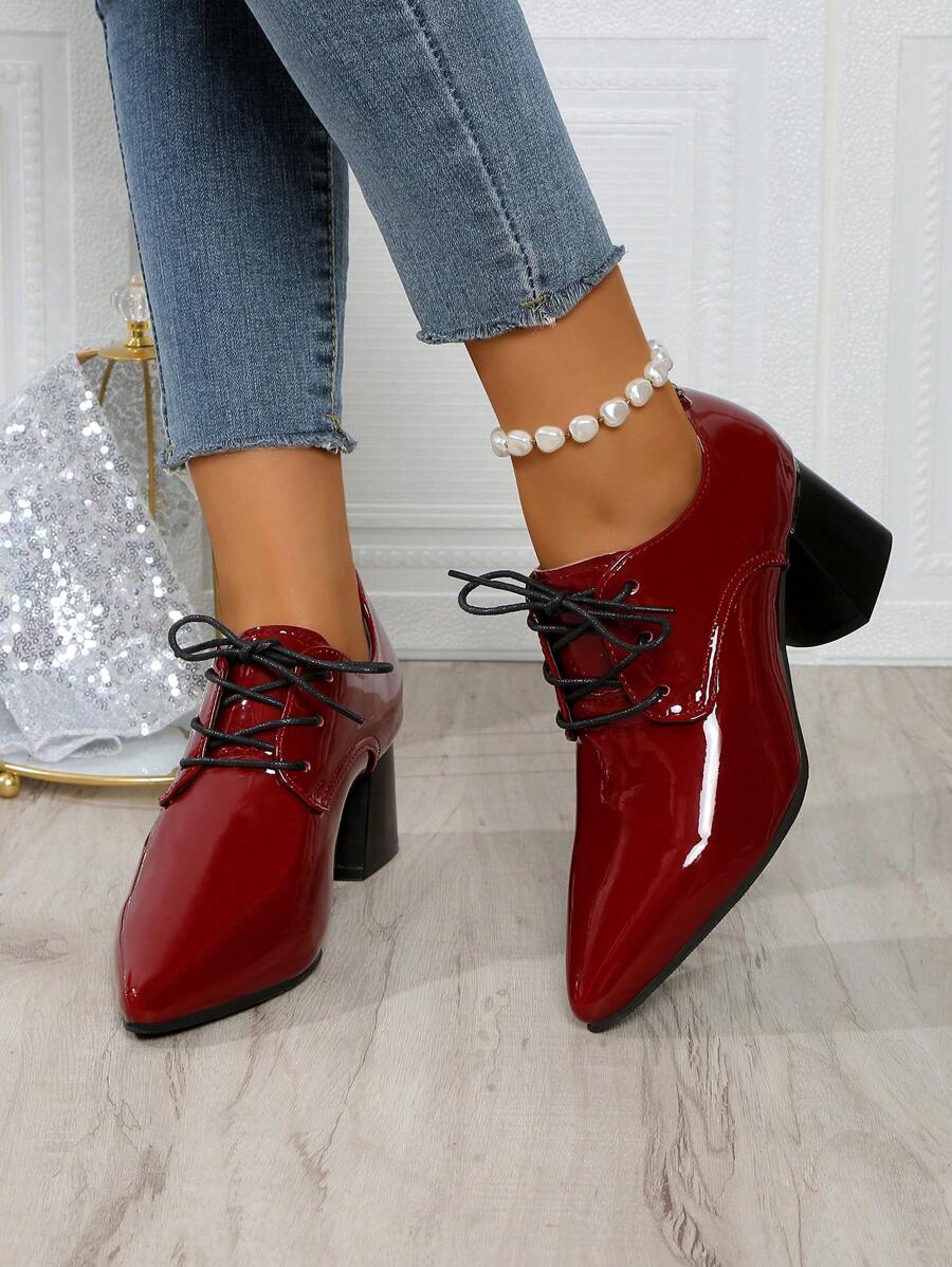 欧美时尚女鞋，新款粗跟舒适系带休闲/工作高跟鞋，高跟厚底鞋，加大码 - 酒紅色 - 查看 1