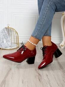 欧美时尚女鞋，新款粗跟舒适系带休闲/工作高跟鞋，高跟厚底鞋，加大码 - 酒紅色 - 查看 6