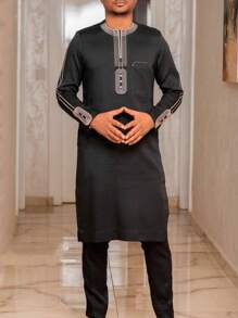 Traje tradicional para hombre, conjunto de 2 piezas con chaqueta de manga larga bordada de estilo africano y pantalones casuales para fiesta festiva - Negro - Ver 3