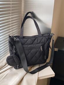 Bolso de tote acolchado de unicolor de gran capacidad y estilo casual de negocios, ligero, con monedero. Nuevo bolso de estilo coreano de mochilero para estudiantes de secundaria, bolso casual de hombro y bandolera para mujeres