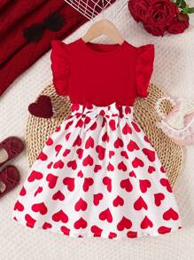 Young Girls Heart Print Frill Trim Patchwork Dress + Belt For Valentine's Day - Red - View 1