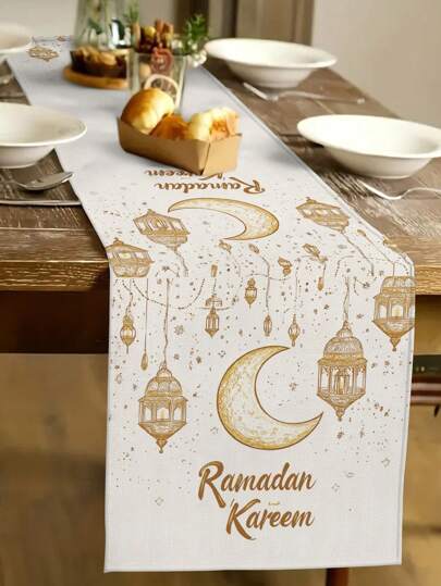 1 Pc Ramadan Golden Crescent Moon Pattern Table Runner With Blessing Text, Islamic Home Decor Table Runner, Indoor Outdoor Party Decorations For Ramadan Home Kitchen Decor And Ramadan Events