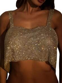 Women's Sparkly Sequin Wide Strap Crop Top Sleeveless V Neck Rave Tank Vest Clubwear - 金色 - 查看 3