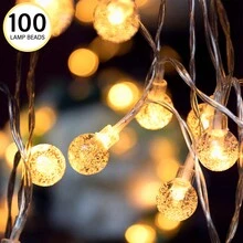 插入式球形灯串，32.81 英尺 100 个 LED 装饰圣诞灯（交流 220-240V），8 种模式水晶泡泡球仙女灯串，适用于室内外、教室、卧室、婚礼、派对、花园（暖白色） - 查看 1