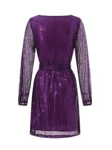 S Sequin Party Dress, Sparkle Long Sleeve Round Neck Short Cocktail Dress With Belt - Bold Plum - Xem 7