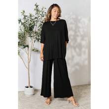 Double Take Full Size Round Neck Slit Top And Pants Set - Black - View 1