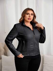 Giolshon 大码女式休闲时尚摩托车夹克，适合通勤和街头摄影，秋冬季仿皮夹克 - 黑色 - 查看 8