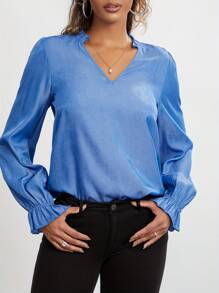 Womens Notched V Neck T-Shirts Fashion Long Sleeve Solid Color Loose Frill Tops Spring Summer Shirts - 藏青色 - 查看 3