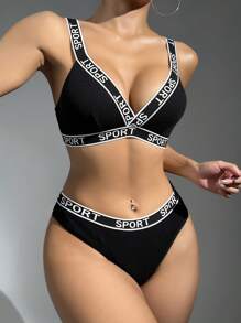 Conjunto de 2 piezas de lencería negra para mujer: sujetador texturizado de tirantes anchos sin aros ni copas insertadas, combinado con bragas triangulares para mujer. - Negro - Ver 4