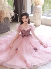 Robe de princesse pailletée pour préadolescente, robe de demoiselle d'honneur de mariage de haute qualité, costume de représentation de piano, pour anniversaire. La jupe est très délicate et brillante, particulièrement mignonne et belle à porter, convient pour l'intérieur et l'extérieur.