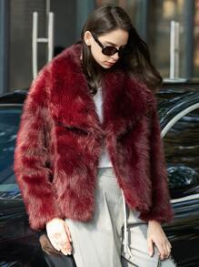 HH Faux Fur Jacket For Women Elegant Solid Lapel Long Sleeve Coat Casual Loose Female Winter Oversize Lady Chic Streetwear Jakcets - Burgundy - View 7