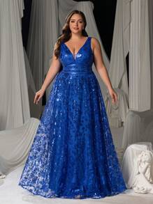 Faeriesty 女士曲线 V 领 A 字加大码正式晚礼服，优雅迷人的设计，精致的图案，迷人的高腰和及地长裙，适合婚礼、庆典活动、颁奖典礼、慈善舞会和公司活动