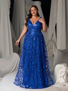 Faeriesty 女士曲线 V 领 A 字加大码正式晚礼服，优雅迷人的设计，精致的图案，迷人的高腰和及地长裙，适合婚礼、庆典活动、颁奖典礼、慈善舞会和公司活动