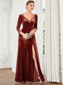 EVERPRETTY Elegant Long Sleeve Mini V-Neck Empire Waist Velvet Bridesmaid Dress