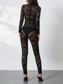 Women's Fashion Skinny Bodysuit Long Sleeve Mock Neck Sheer Lace Jacquard Playsuit - màu đen - Xem 8