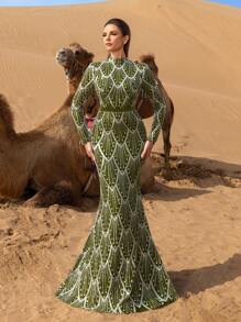 Faeriesty Haute Glamour 优雅立领美人鱼下摆图案亮片正式派对礼服