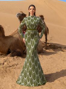 Faeriesty Haute Glamour 优雅立领美人鱼下摆图案亮片正式派对礼服