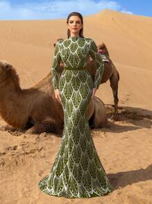 Faeriesty Haute Glamour 优雅立领美人鱼下摆图案亮片正式派对礼服