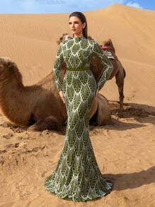 Faeriesty Haute Glamour 优雅立领美人鱼下摆图案亮片正式派对礼服