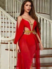 1 Set Sexy Cleopatra Tief V Mesh Maxikleid, mittelalterliches ägyptisches Königin Kostüm
