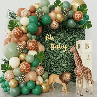 丛林气球拱门花环套装，五彩纸屑鼠尾草绿棕色金色动物纹乳胶气球配棕榈叶，适用于“野性十足”主题婴儿派对装饰、热带森林生日派对用品