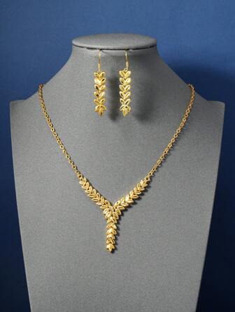 2pcs/Set Ramadan Wheat Pendant Necklace & Earring Set, 24K Gold Plated Copper Women Jewelry Set