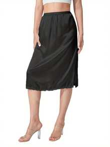 Women Solid Satin Half Slip Long Lace Trim Smooth Underskirt High Elastic Waist Inner Lining Bust Skirt S-XXL - Multicolor - View 3