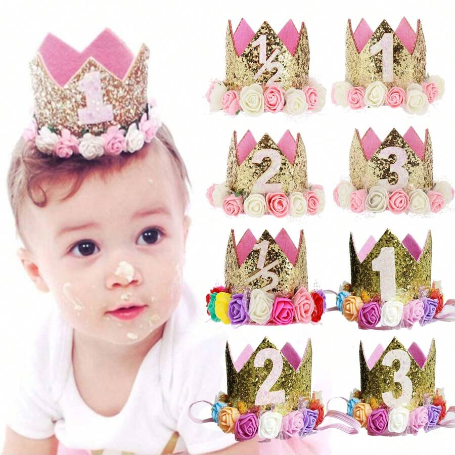 1 diadema de corona de princesa, decoraciones para fiestas de cumpleaños para niños de 1 a 3 años, el color de la flor en la corona varía de forma aleatoria, Navidad - Dorado - Ver 1