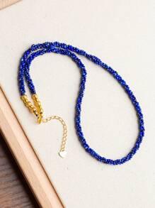 [VE] 1 Stück hochwertiger Sterling Silber Halskette mit natürlichem Lapislazuli, Lapislazuli Saatperlen geflochtene Kette, Bedeutung und Weisheit, faszinierende tiefe Farben. Drei Saatperlen in geflochtenes Design verdreht, einzigartig und modisch vielseitig. Das Tragen verleiht eleganten und geheimnisvollen Charme. Die natürliche Edelsteinfarbe variiert. - Halskette - Übersicht 3