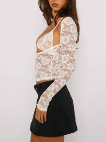 Women Y2K Backless Lace Crop Top Open Back Sheer See Through Going Out Tops With Bra - 白色 - 查看 4