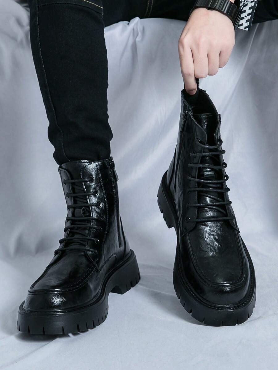 Botas con cremallera lateral para hombre, botas moteras de estilo desgastado y de moda para fiestas - Negro - Ver 1