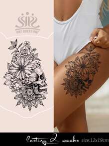 1pc Herbal Juice Semi-Permanent Gothic Skull & Flower Pattern Temporary Tattoo, 7-14 Days Waterproof, Suitable For Daily, Party, Holiday Gift, Large Size For Arm, Chest, Back - Blue - View 1
