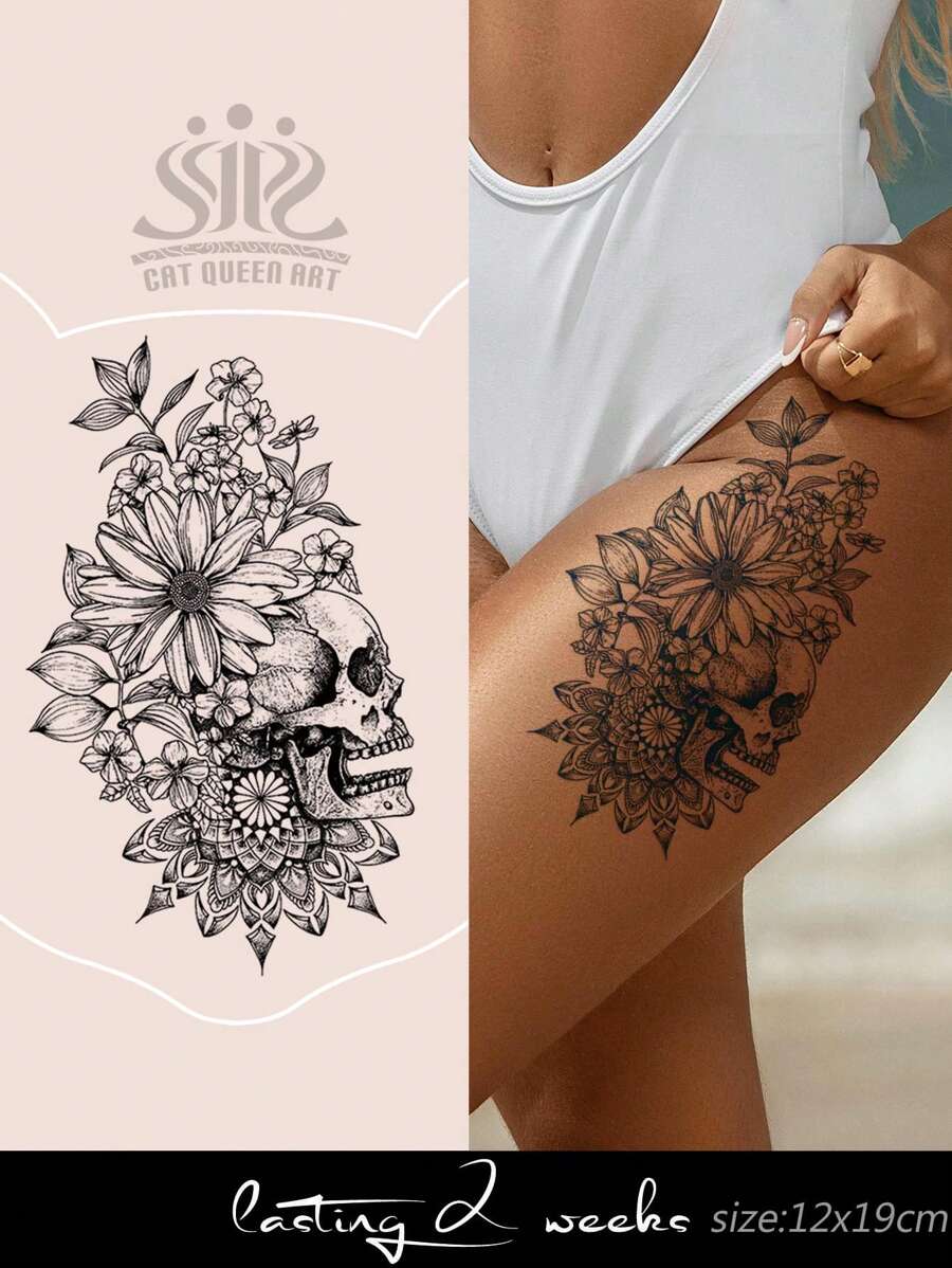1pc Herbal Juice Semi-Permanent Gothic Skull & Flower Pattern Temporary Tattoo, 7-14 Days Waterproof, Suitable For Daily, Party, Holiday Gift, Large Size For Arm, Chest, Back - Blue - View 1