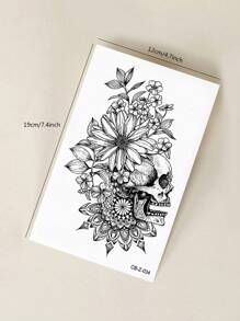 1pc Herbal Juice Semi-Permanent Gothic Skull & Flower Pattern Temporary Tattoo, 7-14 Days Waterproof, Suitable For Daily, Party, Holiday Gift, Large Size For Arm, Chest, Back - Blue - View 7