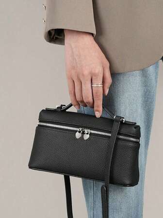 حقيبة تخزين مستحضرات التجميل واسعة السعة عصرية متعددة الاستخدامات، ذات جودة عالية نمط لون أحادي بنسيج "لتشي" أنيق مع حزام كتف قابل للتعديل، تصميم فريد لحقيبة غداء مناسبة لموظفي المكاتب وطلبة الجامعات في التنقل