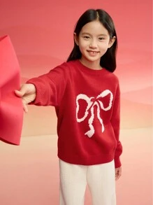 Balabala Tween Girl 2025 New Year Bow Jacquard Round Neck Drop Shoulder Long Sleeve Casual Sweater - Red and White - View 3
