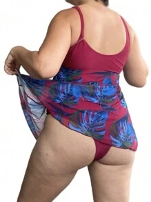 Plus Size Swimsuit With Built-In Skirt - 酒紅色 - 查看 4