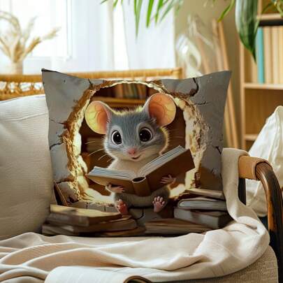 1pc 3D Illusion Mouse Book Holder Decorative Pillow Cover, Single-Sided Print Soft Velvet Fabric, 45*45CM/18*18inch, Couch Cushion For Modern Interior Decor, Party Decoration, Gift