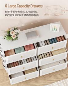 Chest Of Drawers, Cabinet With 6 Fabric Drawers, Multifunctional Sideboard With Fabric Bag, Metal Frame, 30 X 110 X 85 Cm, For Living Room And Bedroom, Morden, White-Gold - 白色 - 查看 4