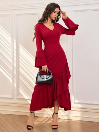 Rochie de damă cu mâneci lungi, cu decolteu în V, cu volane, leagăn elegant cu talie, primăvară și vară